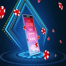 Seorang pemain menikmati fitur Poin Reward di perangkat smartphone dengan latar belakang grafis esports dan casino yang menarik
